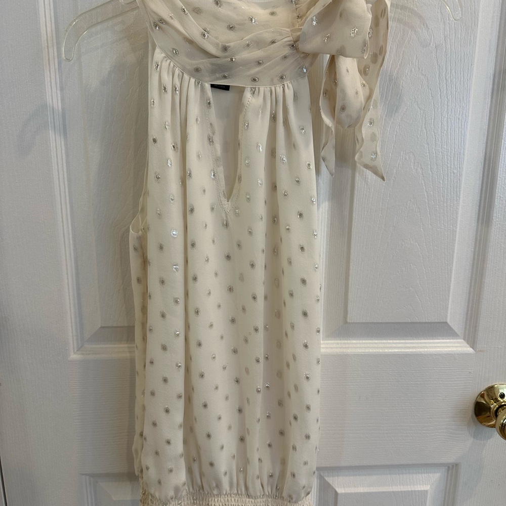 White House Black Market Ivory Sleeveless Blouse with Lurex Metallic Dots